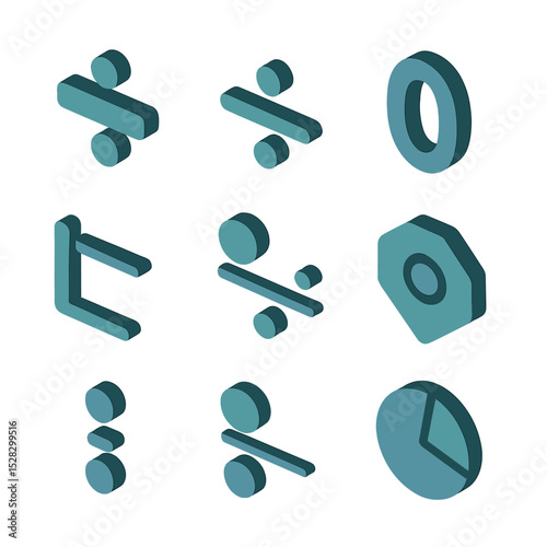 Mathematical Symbols Grid. Isometric Flat icon set of mathematical division symbols: division sign, fraction bar, quotient symbol,
