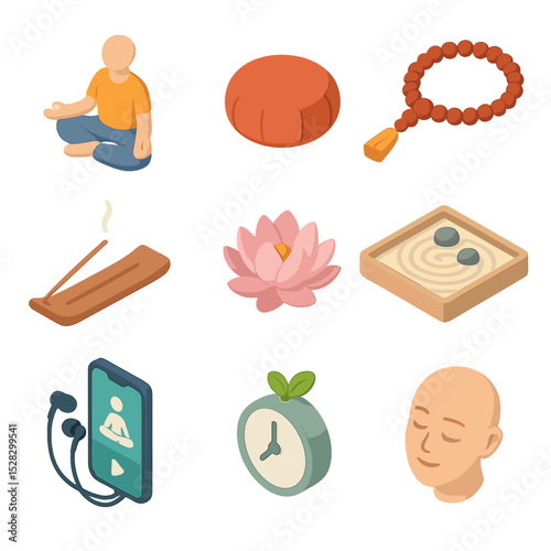 Meditation Techniques Icons. Isometric Flat icon set of meditation techniques: lotus position, meditation cushion, mala beads,