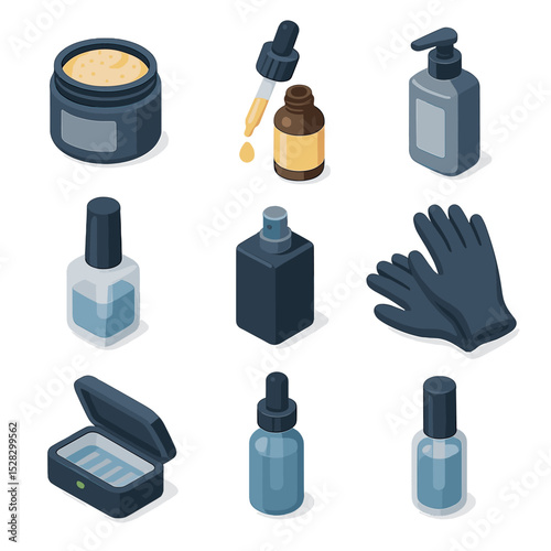Men's Grooming Essentials. Isometric Flat icon set of men’s grooming products: hand scrub jar, cuticle oil dropper, moisturizing