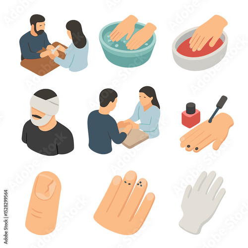 Men's Salon Icons. Isometric Flat icon set of salon services for men: express manicure, detox hand treatment, paraffin dip, hot