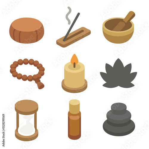 Meditation Icon Set. Isometric Flat icon set of Meditation and mindfulness: meditation cushion, incense burner, singing bowl,
