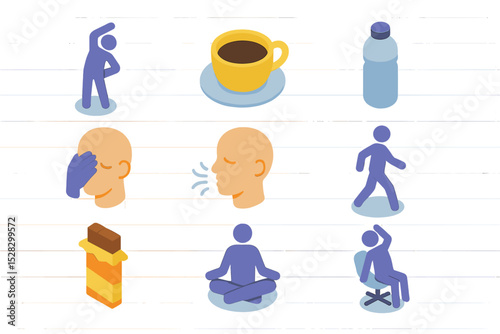 Isometric Microbreak Icon Set. Isometric Flat icon set of Microbreak activities: stretching figure, coffee cup, water bottle,