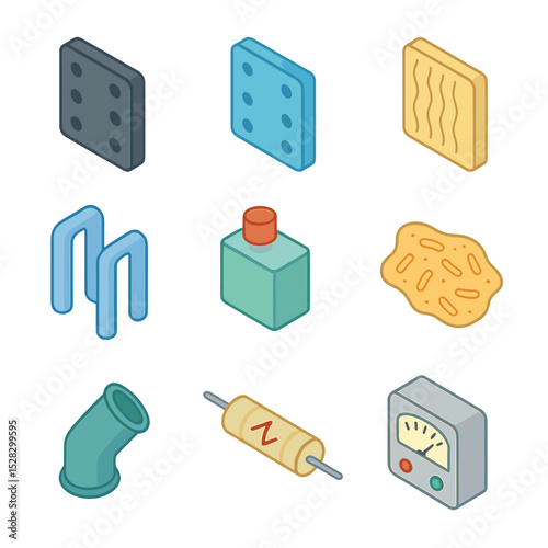 Microbial Fuel Cell Icons. Isometric Flat icon set of microbial fuel cell tiles: anode plate, cathode plate, proton exchange