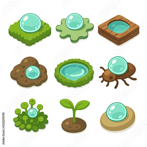 Microhabitat Dew Scenes. Isometric Flat icon set of microhabitat dew scenes: moss carpet dew, lichen droplet, bark pool dew, soil