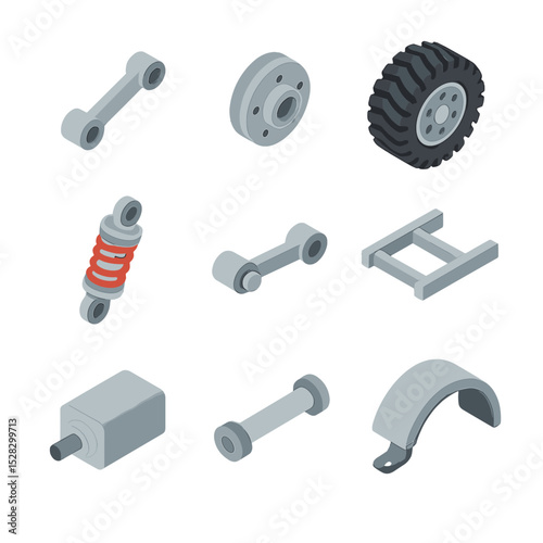 Moon Rover Parts Icons. Isometric Flat icon set of Moon rover chassis and mobility: suspension arm, wheel hub, treaded wheel,