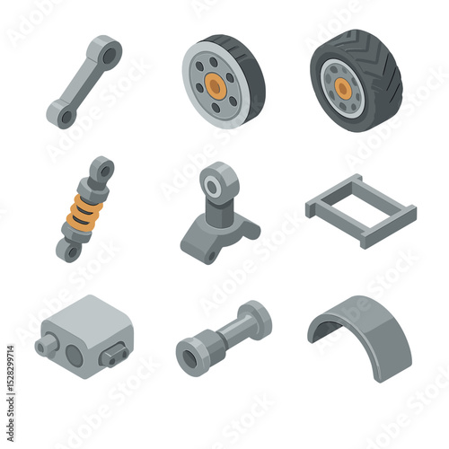 Moon Rover Parts Icons. Isometric Flat icon set of Moon rover chassis and mobility: suspension arm, wheel hub, treaded wheel,