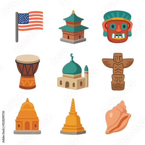 Multicultural Icon Set. Isometric Flat icon set of Cultural background segments: Western flag, Eastern pagoda, Latin American mask