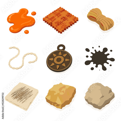 Mixed Media Icon Set. Isometric Flat icon set of mixed media collage materials: acrylic paint splash, fabric swatch, yarn snippet,