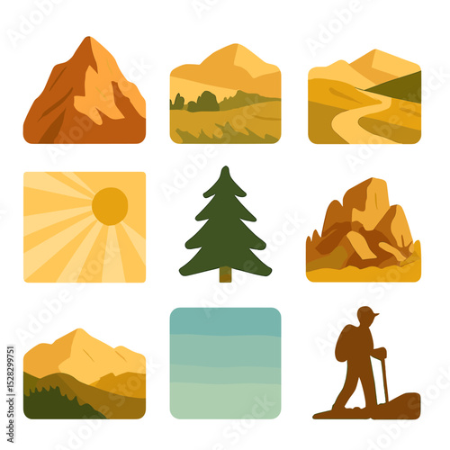 Mountain Icon Set. Isometric Flat icon set of Mountain golden hour: rugged peak, alpine meadow, winding trail, sunbeam rays, pine