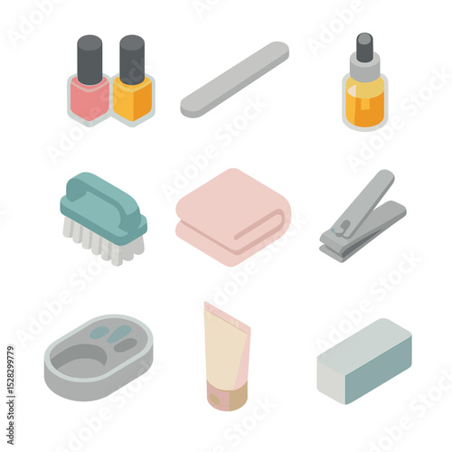 Nail Care Essentials. Isometric Flat icon set of Nail care pampering: nail polish bottles, nail file, cuticle oil, nail brush,
