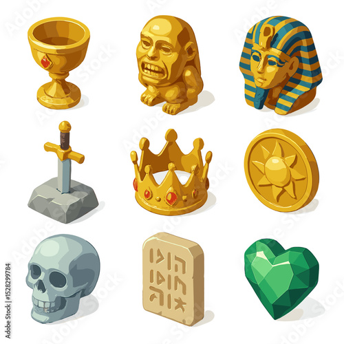 Mythical Treasures Icons. Isometric Flat icon set of mythic treasure artifacts: Holy Grail, golden idol, pharaoh’s mask, crystal