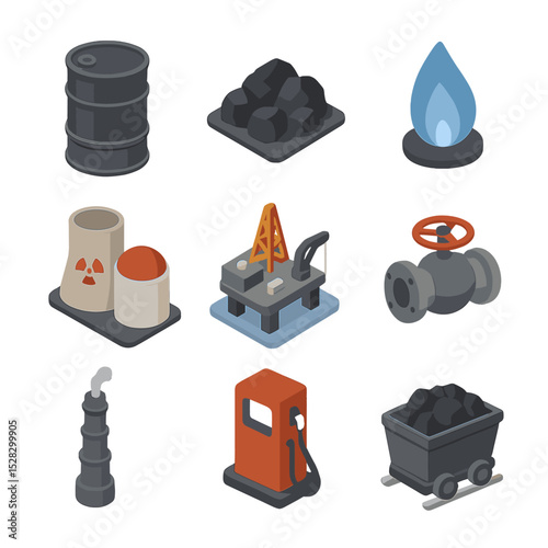 Non-renewable Energy Icons. Isometric Flat icon set of Non-renewable energy reserves: oil barrel, coal pile, natural gas flame,
