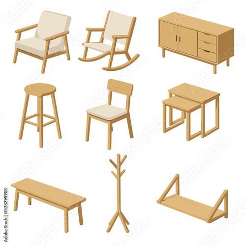 Nordic Furniture Icon Set. Isometric Flat icon set of Nordic furniture pieces: lounge chair, rocking chair, sideboard, bar stool,
