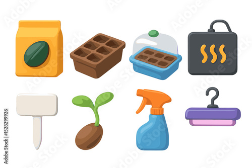 Nursery Propagation Icons. 3D icon set of nursery seed propagation: seed packet, propagation tray, humidity dome, heat mat, label
