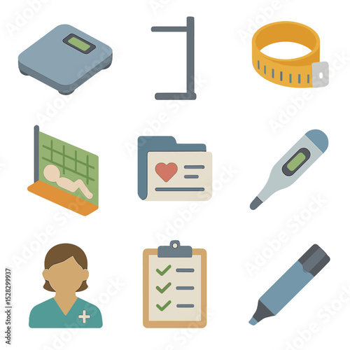 Nutritional Tools Icon Set. Isometric Flat icon set of Nutritional assessment tools: digital scale, stadiometer, mid-upper arm