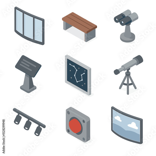 Observation Deck Icons. Isometric Flat icon set of Observation deck and windows: panoramic window, seating bench, binocular mount,