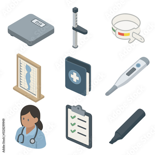 Nutritional Tools Icon Set. Isometric Flat icon set of Nutritional assessment tools: digital scale, stadiometer, mid-upper arm