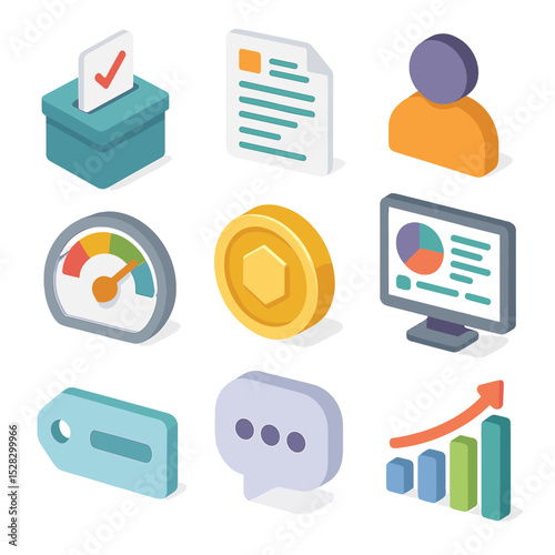 On-Chain Governance Icons. Isometric Flat icon set of On-chain governance mechanisms: ballot box, proposal document, delegate