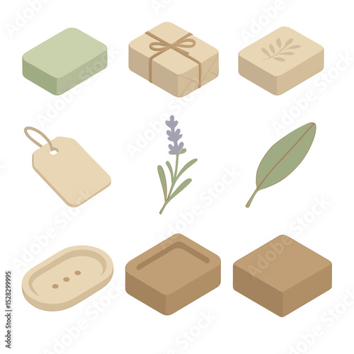 Organic Soap Icon Set. Isometric Flat icon set of organic soap bar packaging: soap bar, kraft wrap, floral imprint, hemp twine,