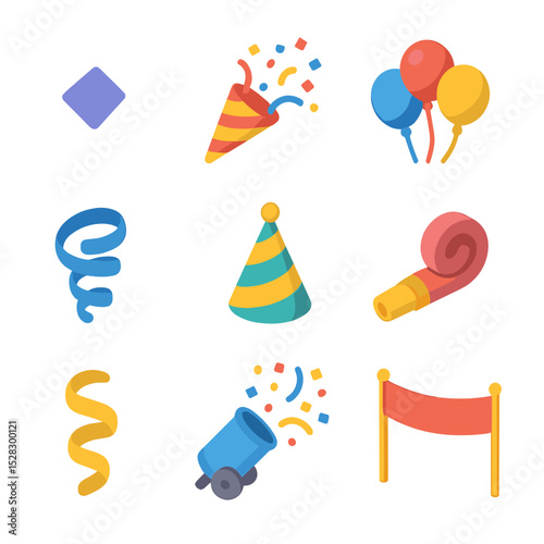 Party Celebration Icons. Isometric Flat icon set of Confetti Party Sprinkles: confetti piece, party popper, balloon cluster,