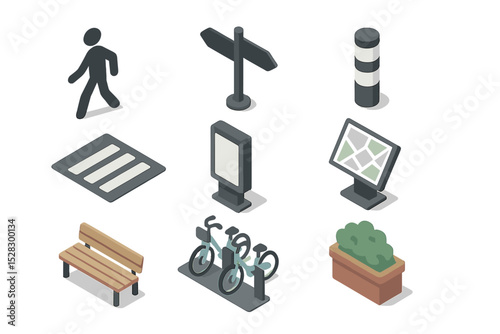 Isometric Pedestrian Icon Set. Isometric Flat icon set of pedestrian movement and street furniture: walking silhouette,
