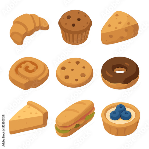 Pastry Icon Grid. Isometric Flat icon set of Pastries and Bakery Items: croissant, muffin, scone, Danish pastry, cookie, donut,