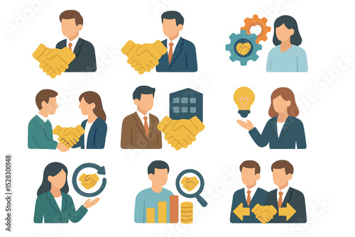Partnership Role Icons. Isometric Flat icon set of partnership management roles: Partnership Manager, Alliance Director,