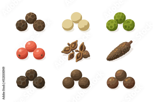 Peppercorn Variety Icons. Isometric Flat icon set of peppercorn varieties: black peppercorn, white peppercorn, green peppercorn,