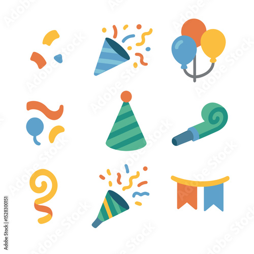 Party Celebration Icons. Isometric Flat icon set of Confetti Party Sprinkles: confetti piece, party popper, balloon cluster,