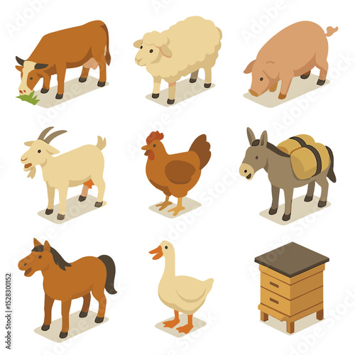 Peasant Livestock Icons. Isometric Flat icon set of peasant livestock husbandry: grazing cow, woolly sheep, rooting pig, bleating