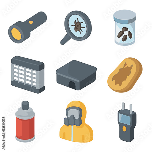Pest Inspection Tools. Isometric Flat icon set of pest inspection visit: flashlight, magnifying glass, droppings sample jar,