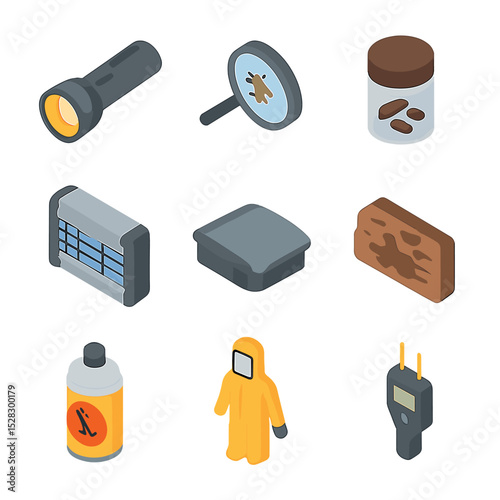 Pest Inspection Tools. Isometric Flat icon set of pest inspection visit: flashlight, magnifying glass, droppings sample jar,