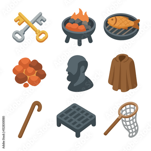 Peter's Icon Set. Isometric Flat icon set of Peter’s commissioning: two keys crossed, charcoal fire pit, broiled fish on grill,