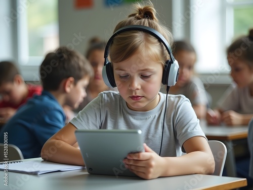 Focused child wearing headphones, using tablet in classroom. Education and technology blending seamlessly in modern learning environment.