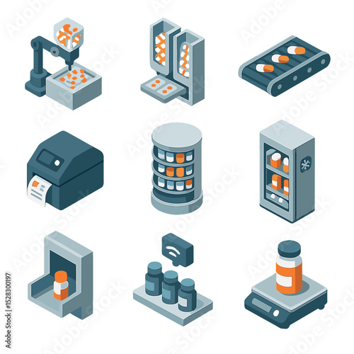 Pharmacy Automation Icons. Isometric Flat icon set of pharmacy automation workflows: pill counting robot, blister pack feeder,