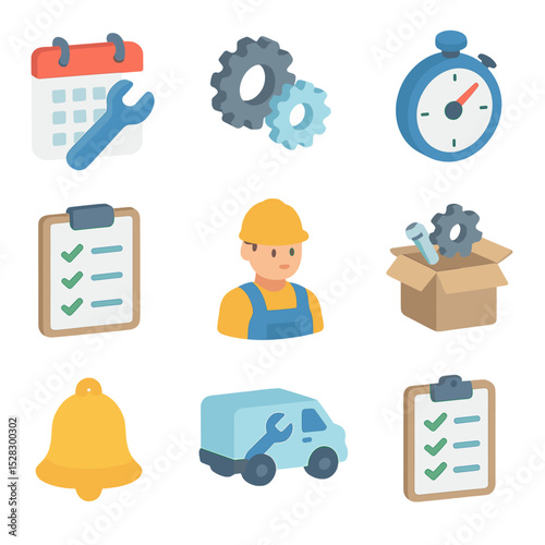 Predictive Maintenance Icons. Isometric Flat icon set of Predictive Maintenance Scheduling: calendar with wrench, gears icon,