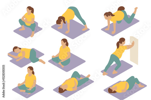 Prenatal Yoga Icon Set. Isometric Flat icon set of prenatal yoga modifications: supported squat, wide-leg forward bend, cat-cow on