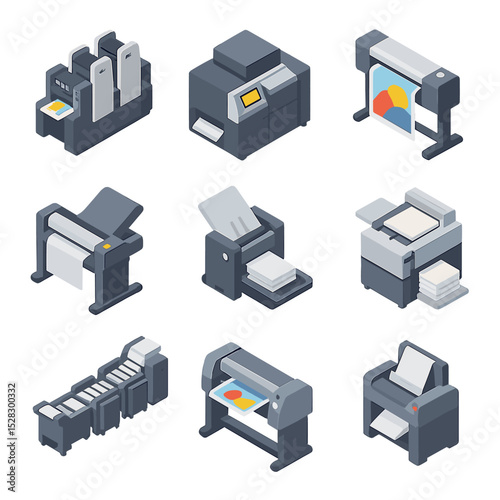 Printing Equipment Icons. Isometric Flat icon set of printing equipment: offset press, digital press, large-format printer,