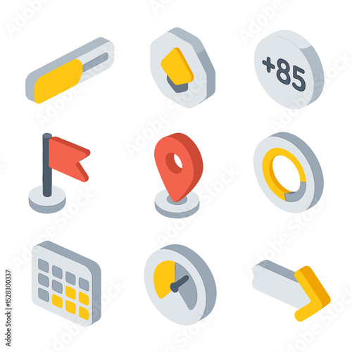 Progress Tracking Icons. Isometric Flat icon set of progress tracking elements: progress bar, level indicator, experience point