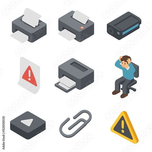 Printer Troubles Icon Set. Isometric Flat icon set of stuck printer frustration: paper jam, blinking printer light, toner