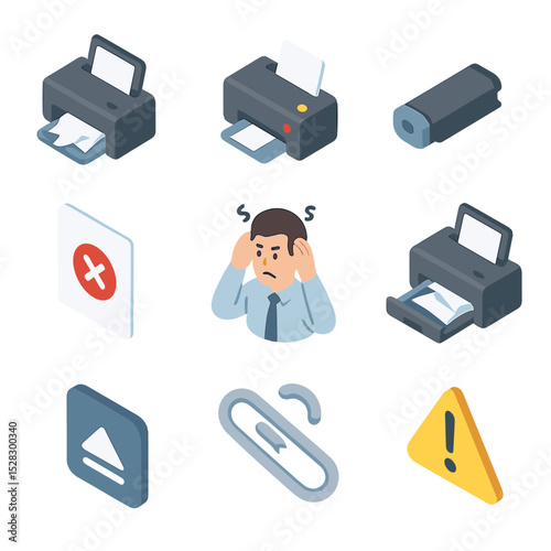 Printer Troubles Icon Set. Isometric Flat icon set of stuck printer frustration: paper jam, blinking printer light, toner