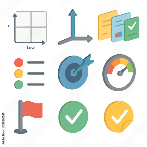 Priority Matrix Icon Set. Isometric Flat icon set of priority matrix setup: four-quadrant grid, high-low impact axes, task cards,