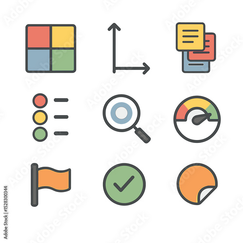 Priority Matrix Icon Set. Isometric Flat icon set of priority matrix setup: four-quadrant grid, high-low impact axes, task cards,