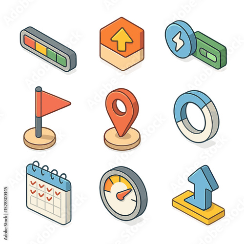 Progress Tracking Icons. Isometric Flat icon set of progress tracking elements: progress bar, level indicator, experience point