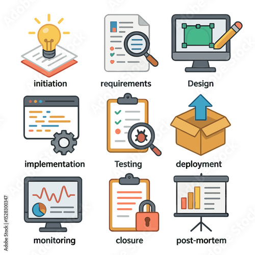 Project Phase Icons. Isometric Flat icon set of project development phases: initiation, requirement analysis, design,