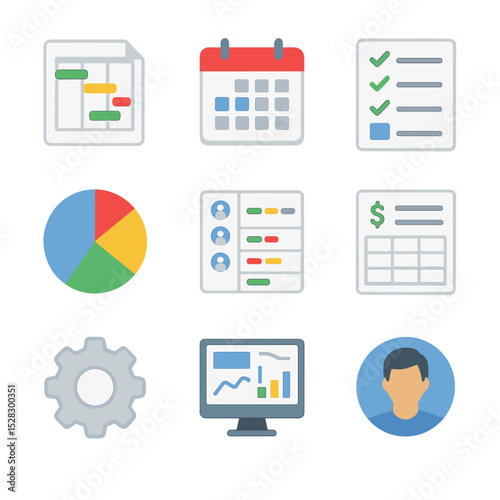 Project Management Icons. Isometric Flat icon set of Project resource allocation: Gantt chart, calendar, checklist, pie chart,