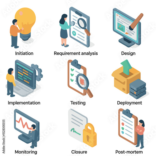 Project Phase Icons. Isometric Flat icon set of project development phases: initiation, requirement analysis, design,