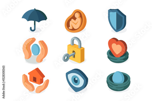 Protective Gesture Icons. Isometric Flat icon set of protective gestures: shielding umbrella, safety cocoon, guardian shield, nest