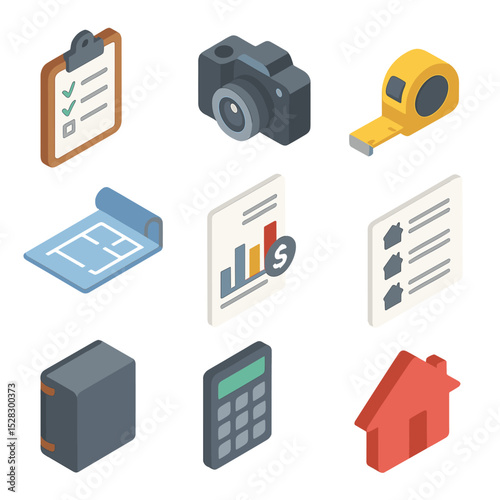 Property Appraisal Icons. Isometric Flat icon set of property appraisal survey: clipboard with form, camera, measuring tape, floor