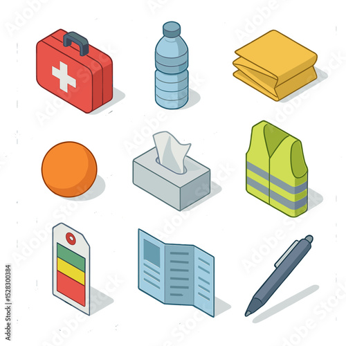 Psychological First Aid Icons. Isometric Flat icon set of Psychological First Aid Essentials: first aid kit, water bottle,